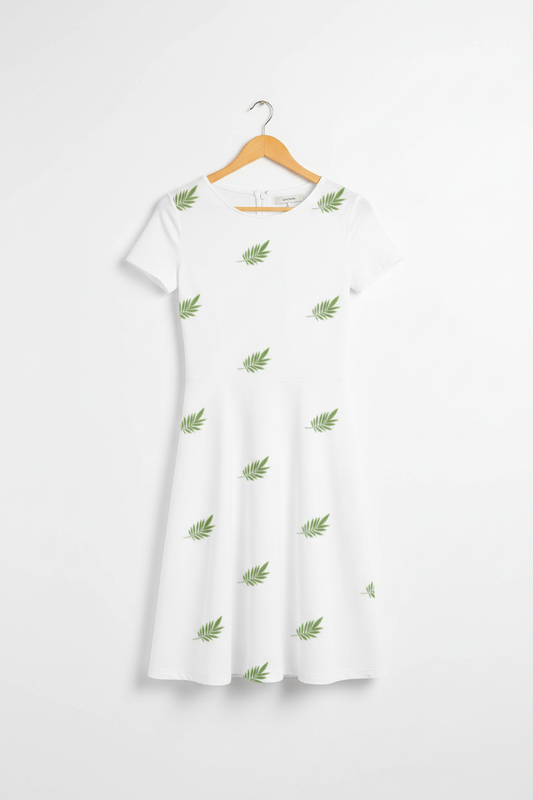 Tropical palm A-line dress on wooden hanger
