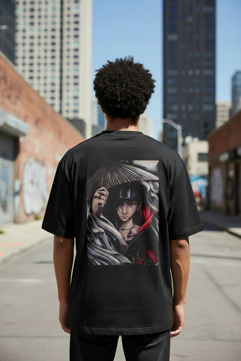 Male model wearing Itachi Uchiha – Shadow of the Akatsuki oversized t-shirt - back view
