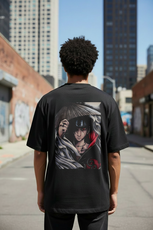 Male model wearing Itachi Uchiha – Shadow of the Akatsuki oversized t-shirt - back view