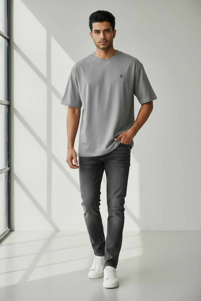 HAViT Classic Oversized T-Shirt – Grey Melange – Indian Male Model