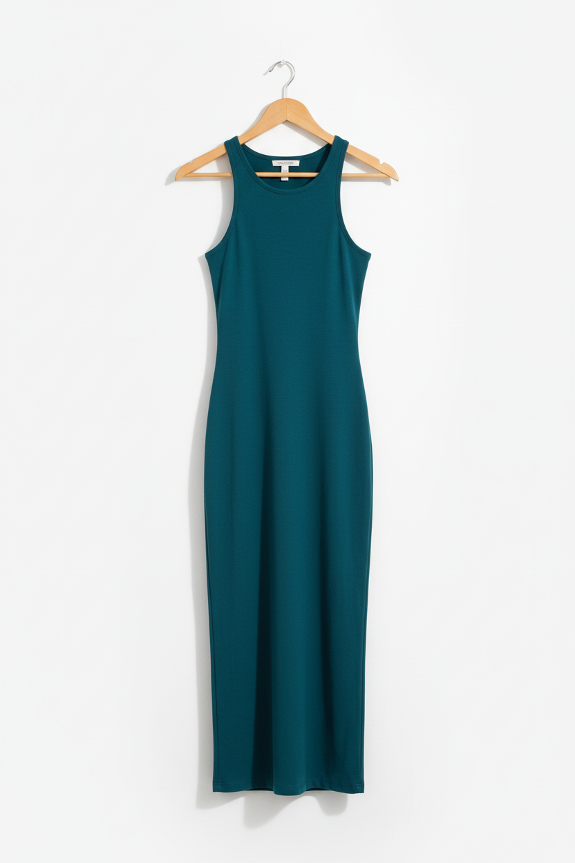 Deep teal bodycon dress on wooden hanger