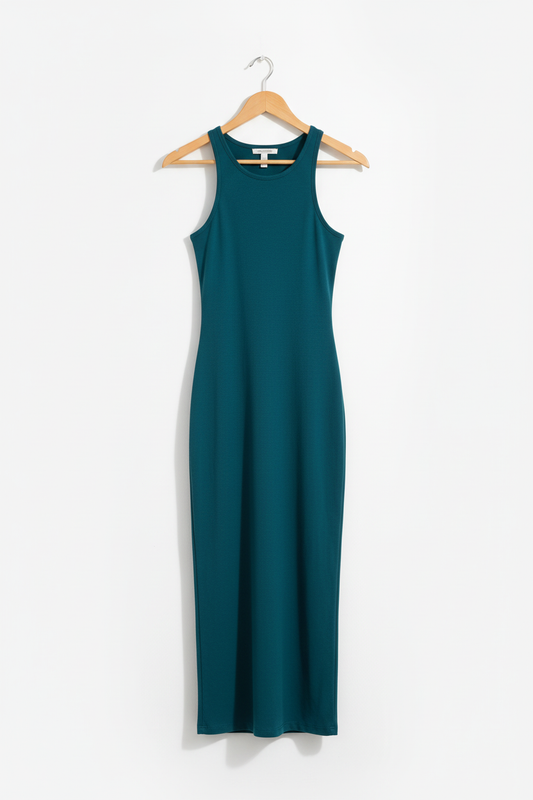 Deep teal bodycon dress on wooden hanger