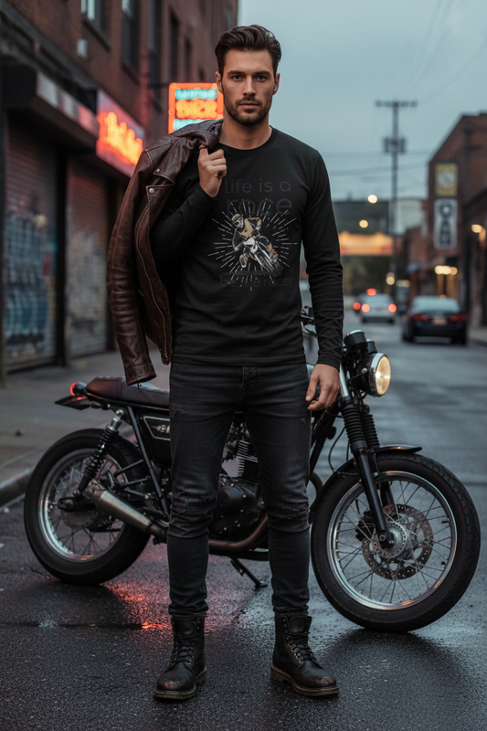 Male model wearing Be The Racer full-sleeve t-shirt in urban street motorcycle culture setting