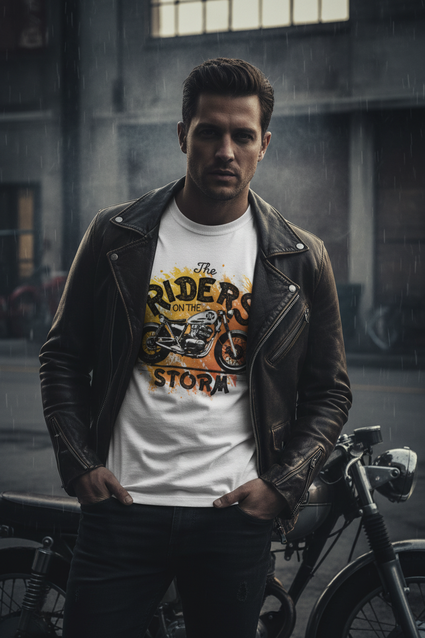Male model wearing Riders on the Storm full-sleeve t-shirt in moody atmospheric setting