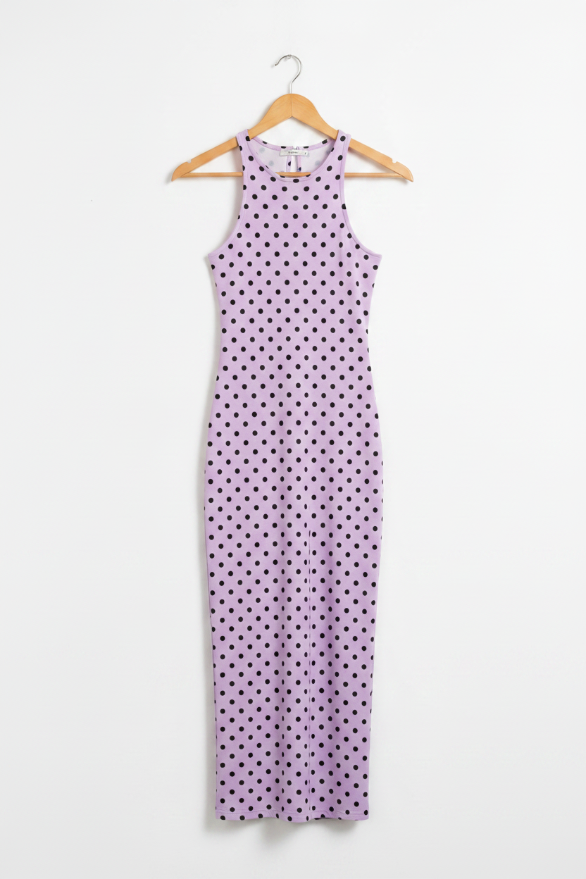 Lavender Noir Polka Bodycon Dress - lavender bodycon dress with black polka dots on wooden hanger, white studio background