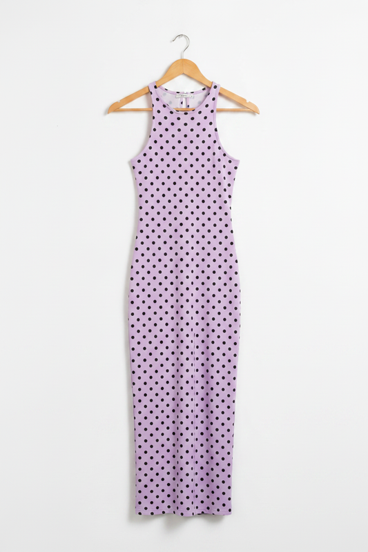 Lavender Noir Polka Bodycon Dress - lavender bodycon dress with black polka dots on wooden hanger, white studio background