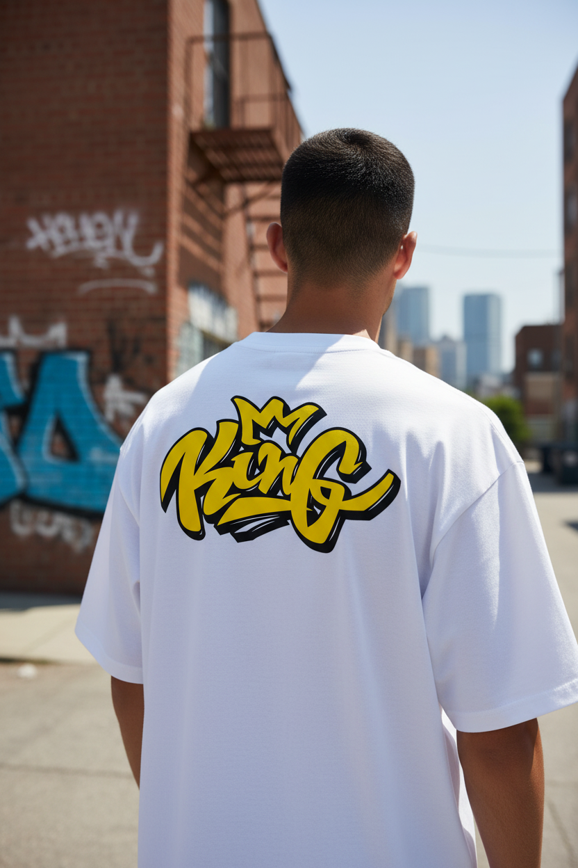 Male model wearing King Crown oversized t-shirt - back design