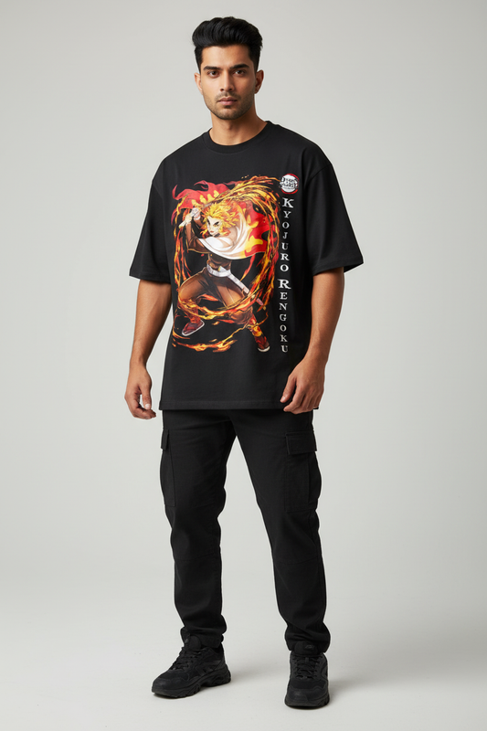 Blazing Flame Hashira Oversized T-Shirt – Black – Front – Indian Male Model