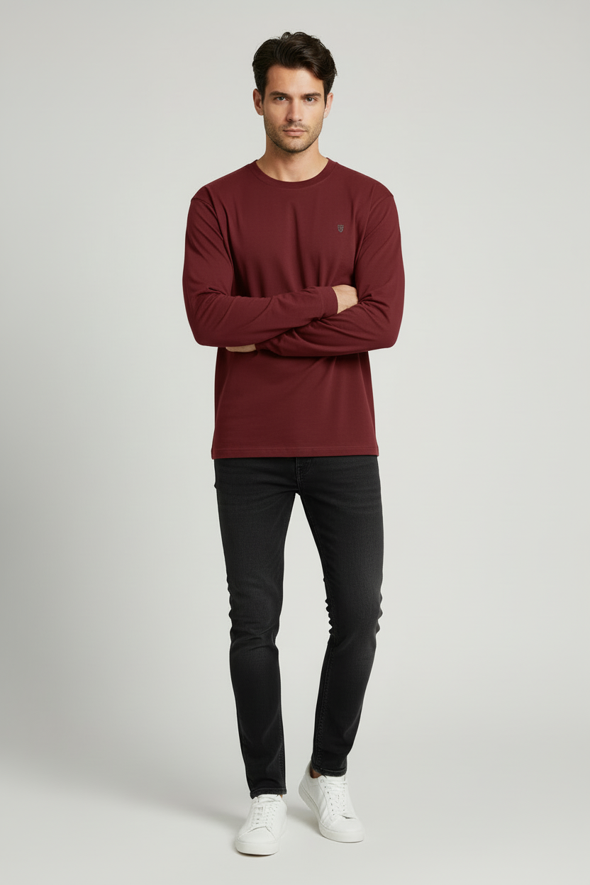 Male model wearing HAViT Full Sleeve T-Shirt in Maroon