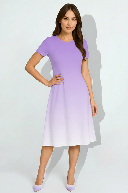 Indian female model wearing Lilac Cloud A-Line Dress in studio setting, confident hand-on-hip pose, full body shot