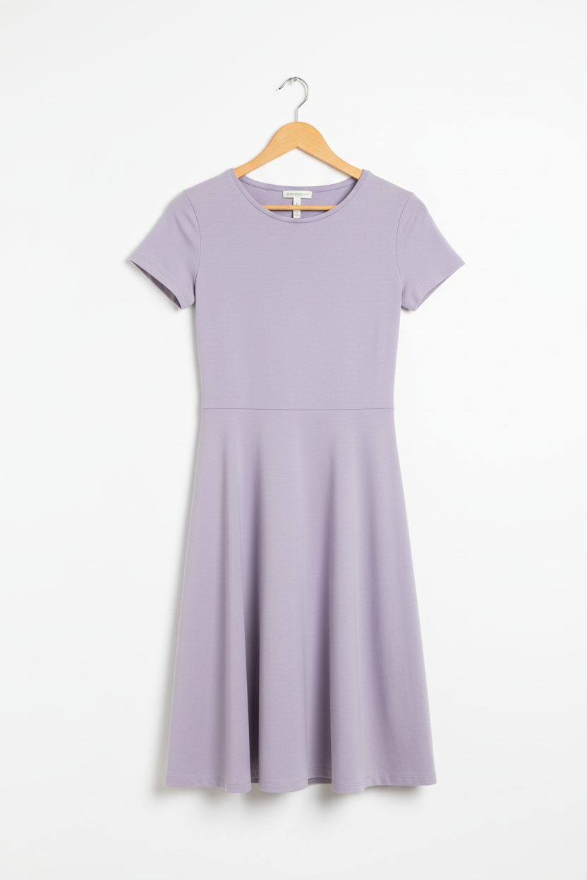Muted lavender A-line dress on wooden hanger