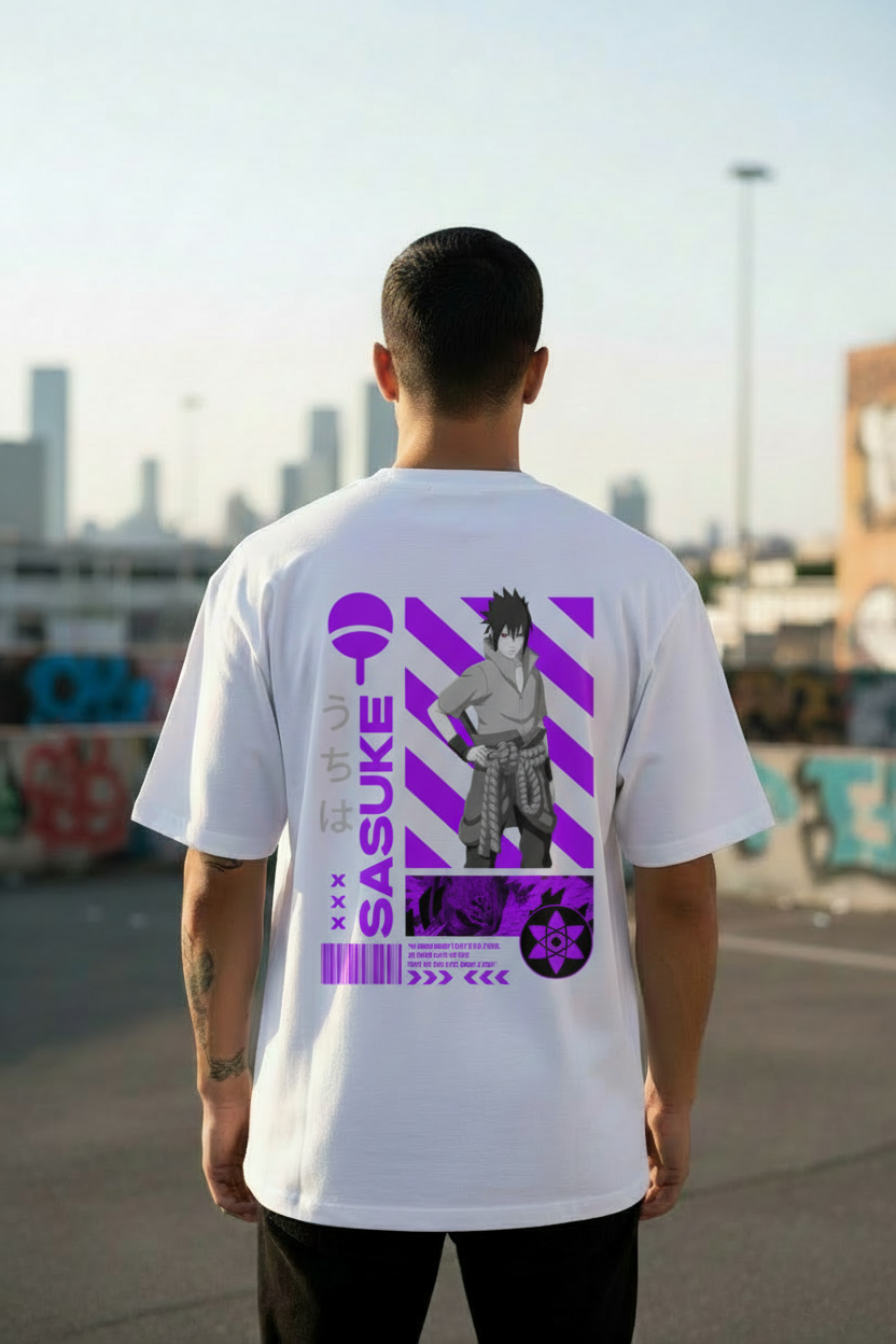 Male model wearing Sasuke Uchiha – Cursed Resolve oversized t-shirt - back view