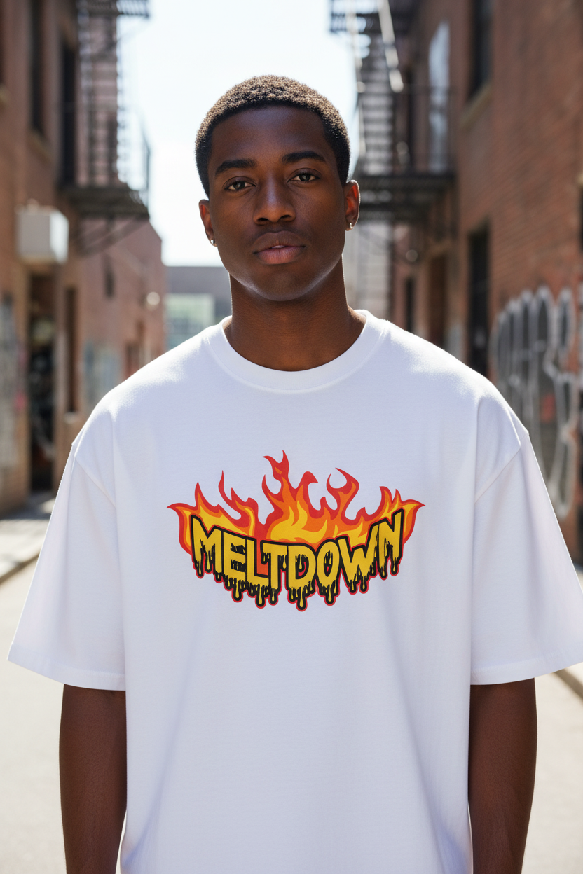 Male model wearing Meltdown Flame oversized t-shirt
