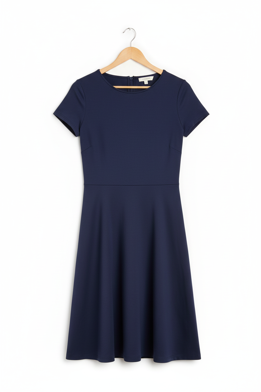 Deep navy blue A-line dress on wooden hanger