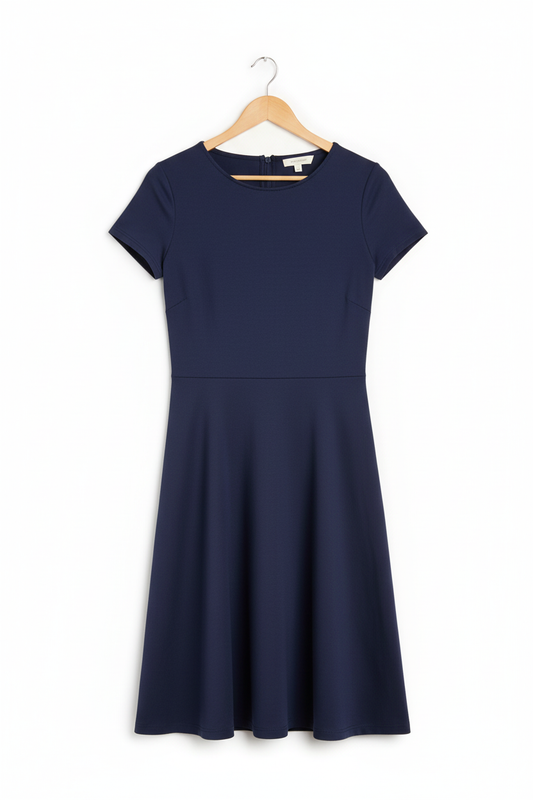 Deep navy blue A-line dress on wooden hanger