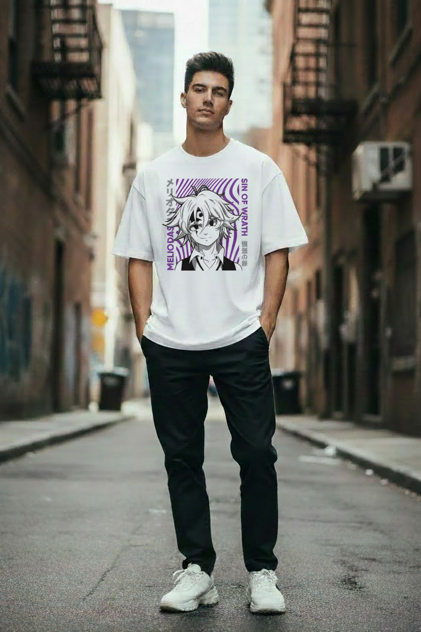 Male model wearing MELIODAS (DRAGON SIN) oversized t-shirt