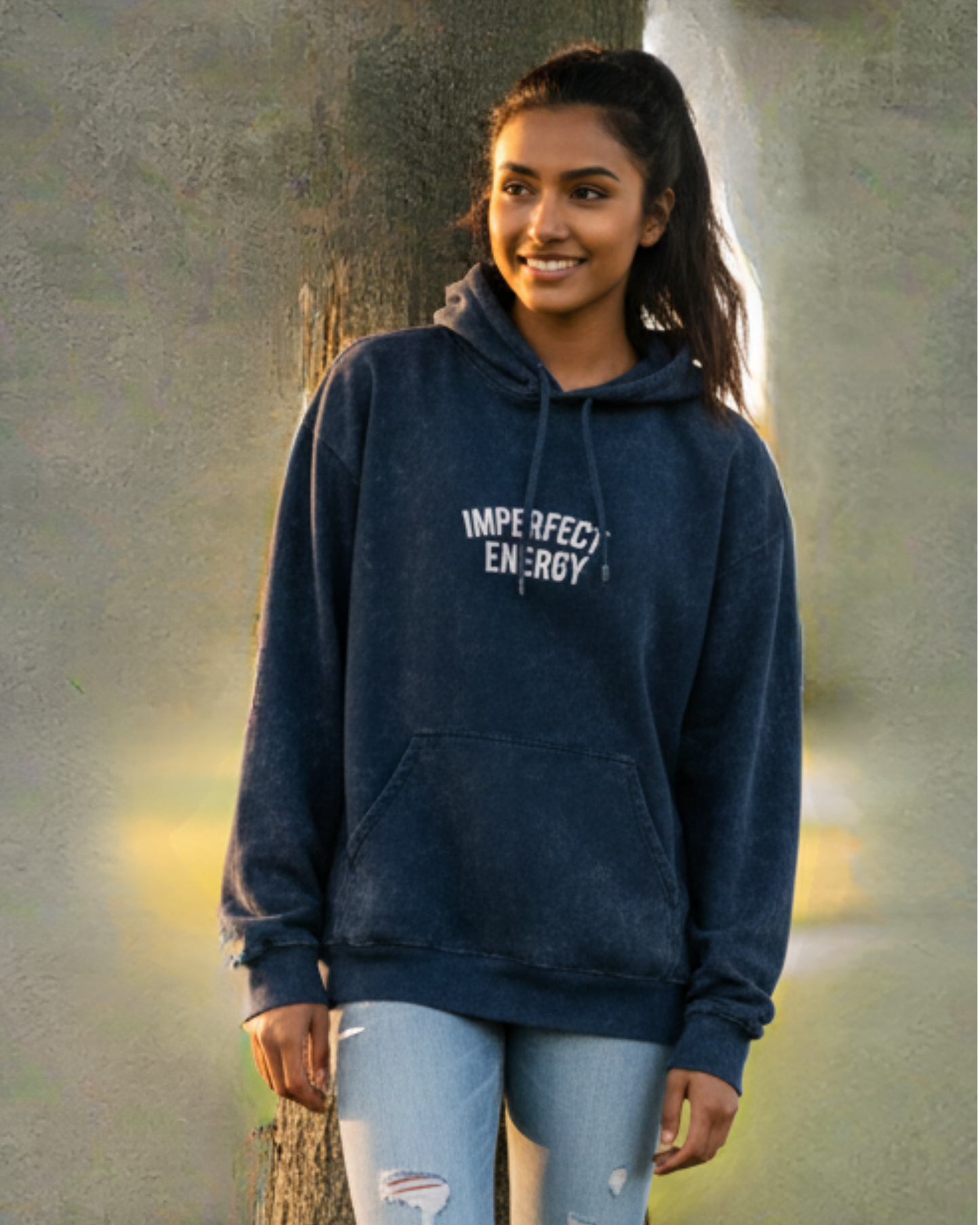 Imperfect Energy- Acid Washed Hoodie hoodie oversized fit acid washed cotton fabric heavyweight fabric printed design detail view by HAViT Apparel