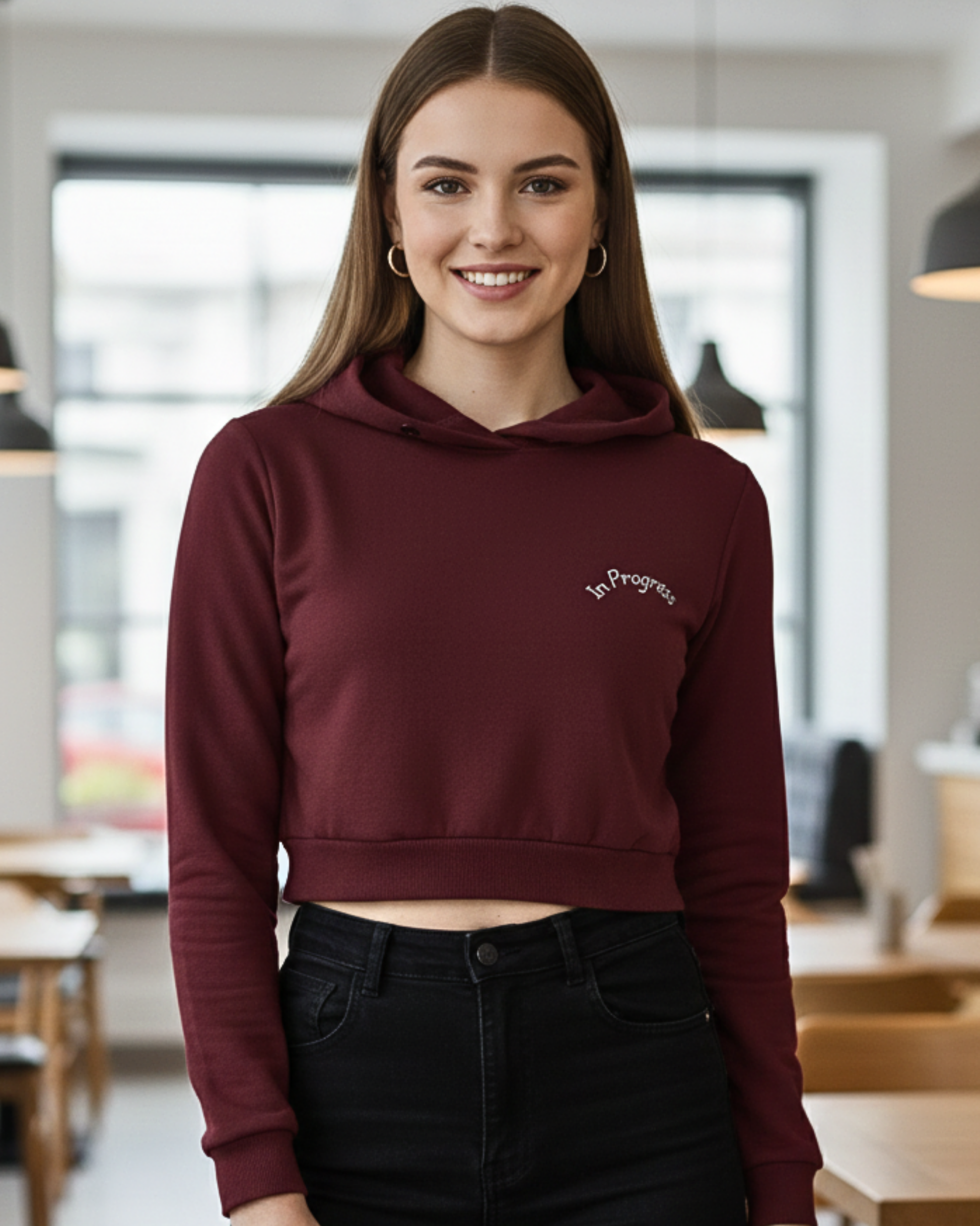 Left Pocket Curve Print Crop Hoodie – In Progress Edition hoodie cotton fabric heavyweight fabric printed design detail view by HAViT Apparel