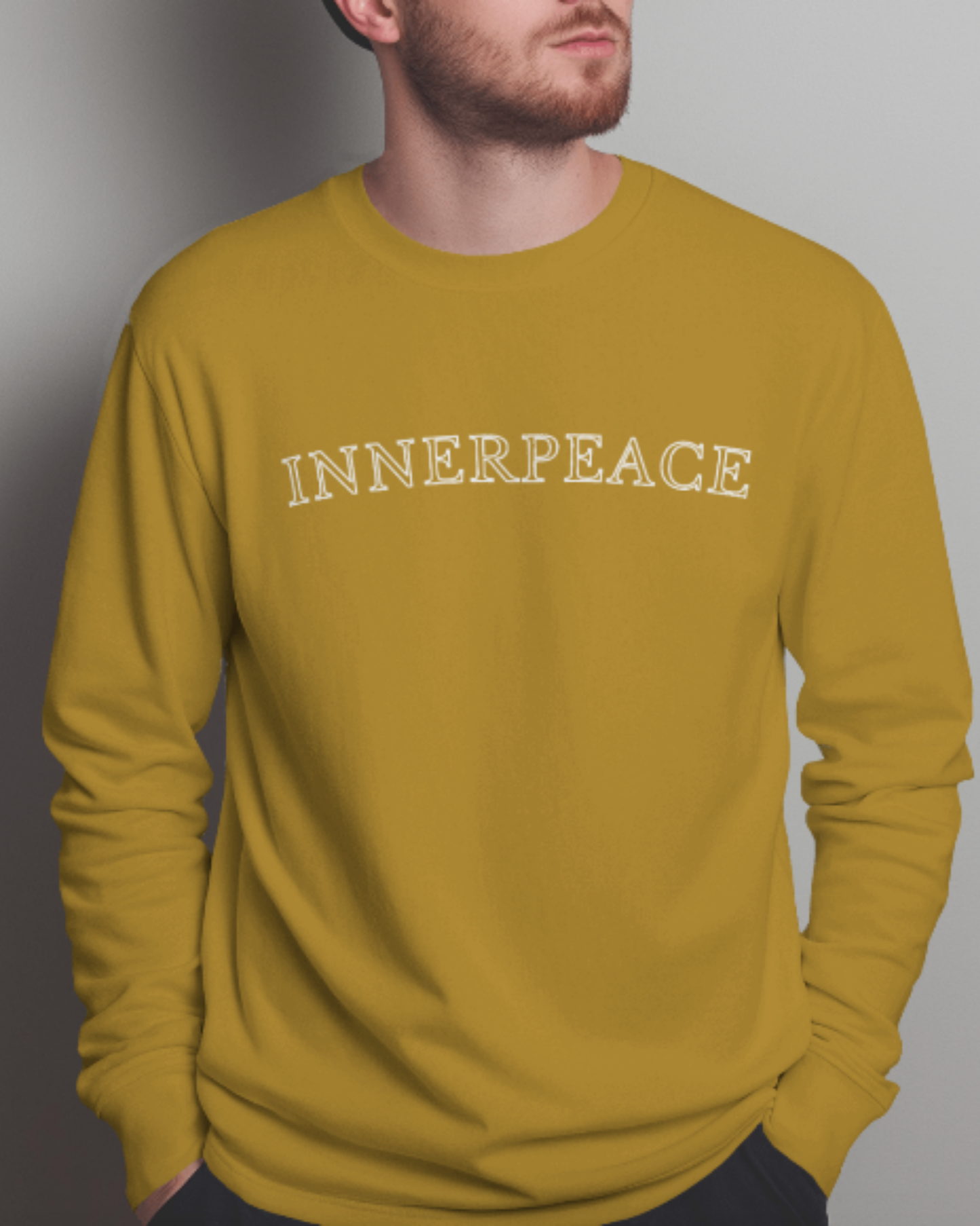 Men’s Inner Peace Graphic Sweatshirt – Clean Typography sweatshirt regular fit cotton fabric heavyweight fabric graphic print printed design detail view by HAViT Apparel