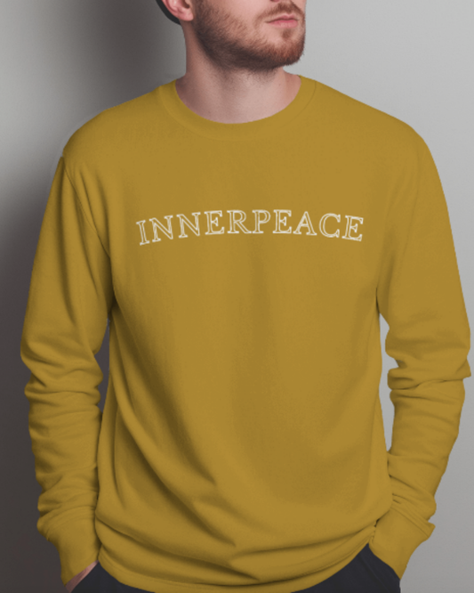 Men’s Inner Peace Graphic Sweatshirt – Clean Typography sweatshirt regular fit cotton fabric heavyweight fabric graphic print printed design detail view by HAViT Apparel