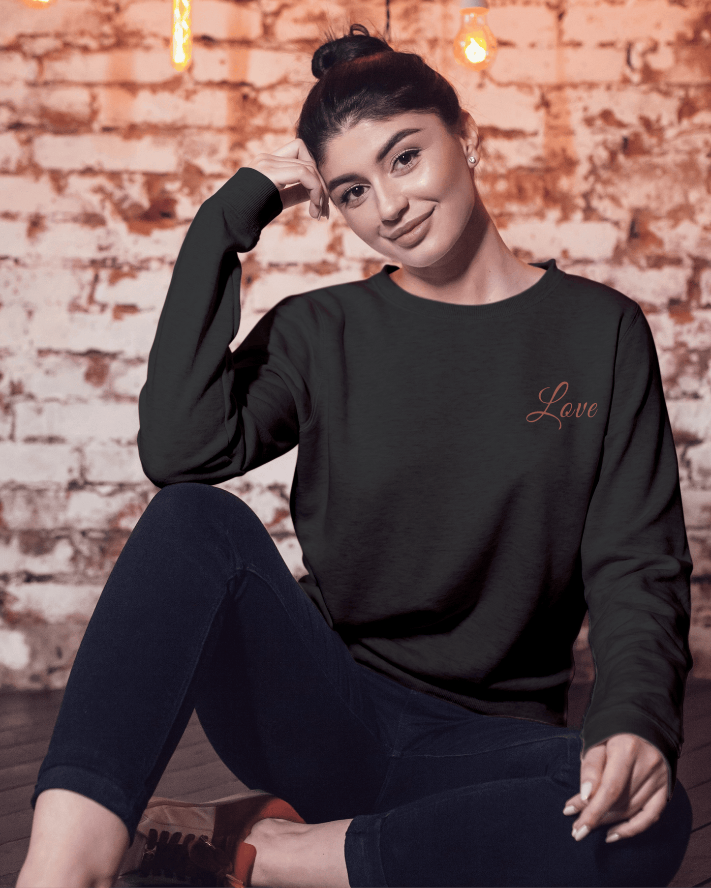 Aesthetic Women’s Sweatshirt – Left Pocket Love Edition sweatshirt regular fit cotton fabric heavyweight fabric graphic print printed design detail view by HAViT Apparel
