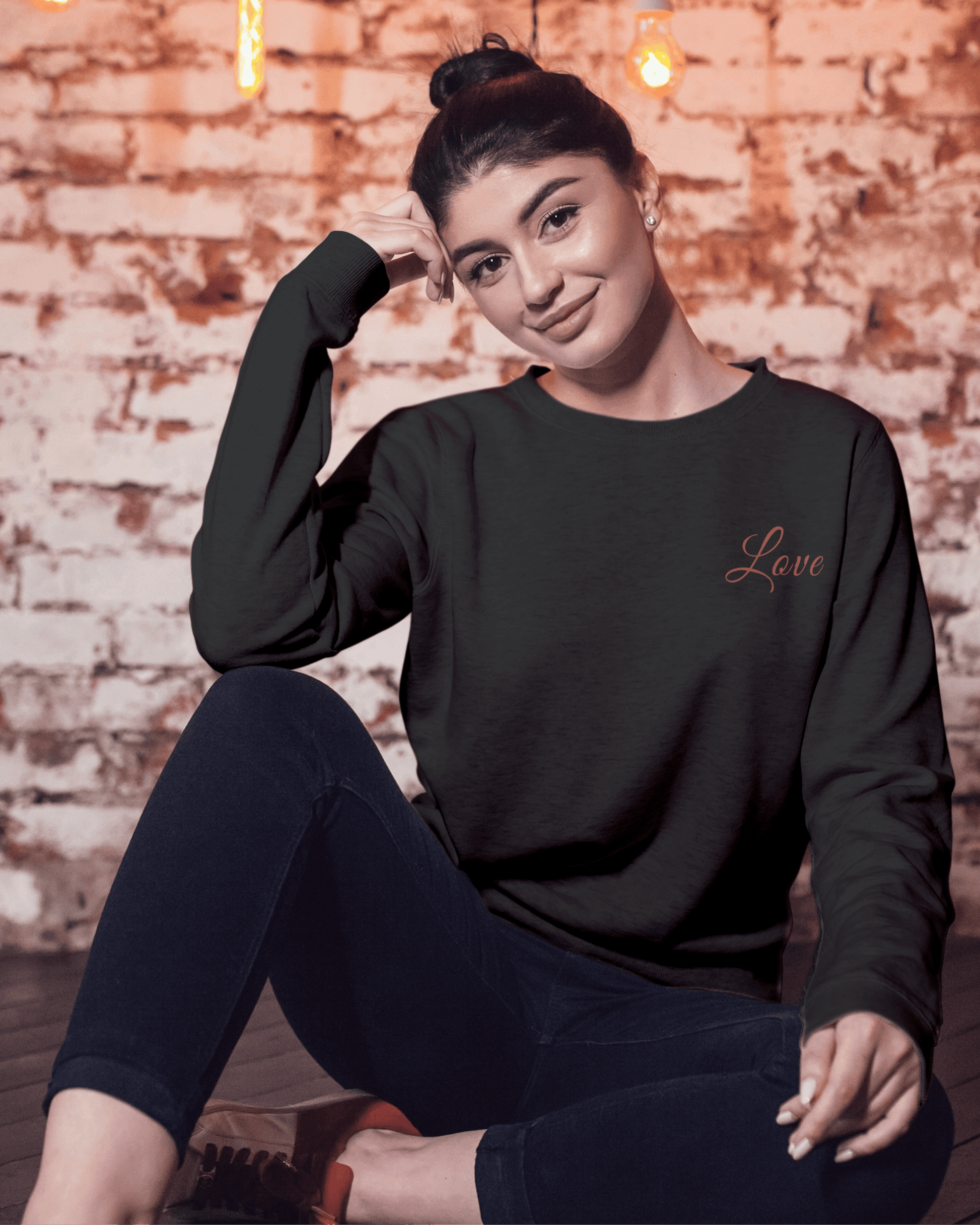 Aesthetic Women’s Sweatshirt – Left Pocket Love Edition sweatshirt regular fit cotton fabric heavyweight fabric graphic print printed design detail view by HAViT Apparel