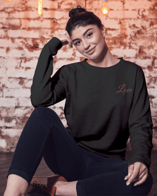Aesthetic Women’s Sweatshirt – Left Pocket Love Edition sweatshirt regular fit cotton fabric heavyweight fabric graphic print printed design detail view by HAViT Apparel