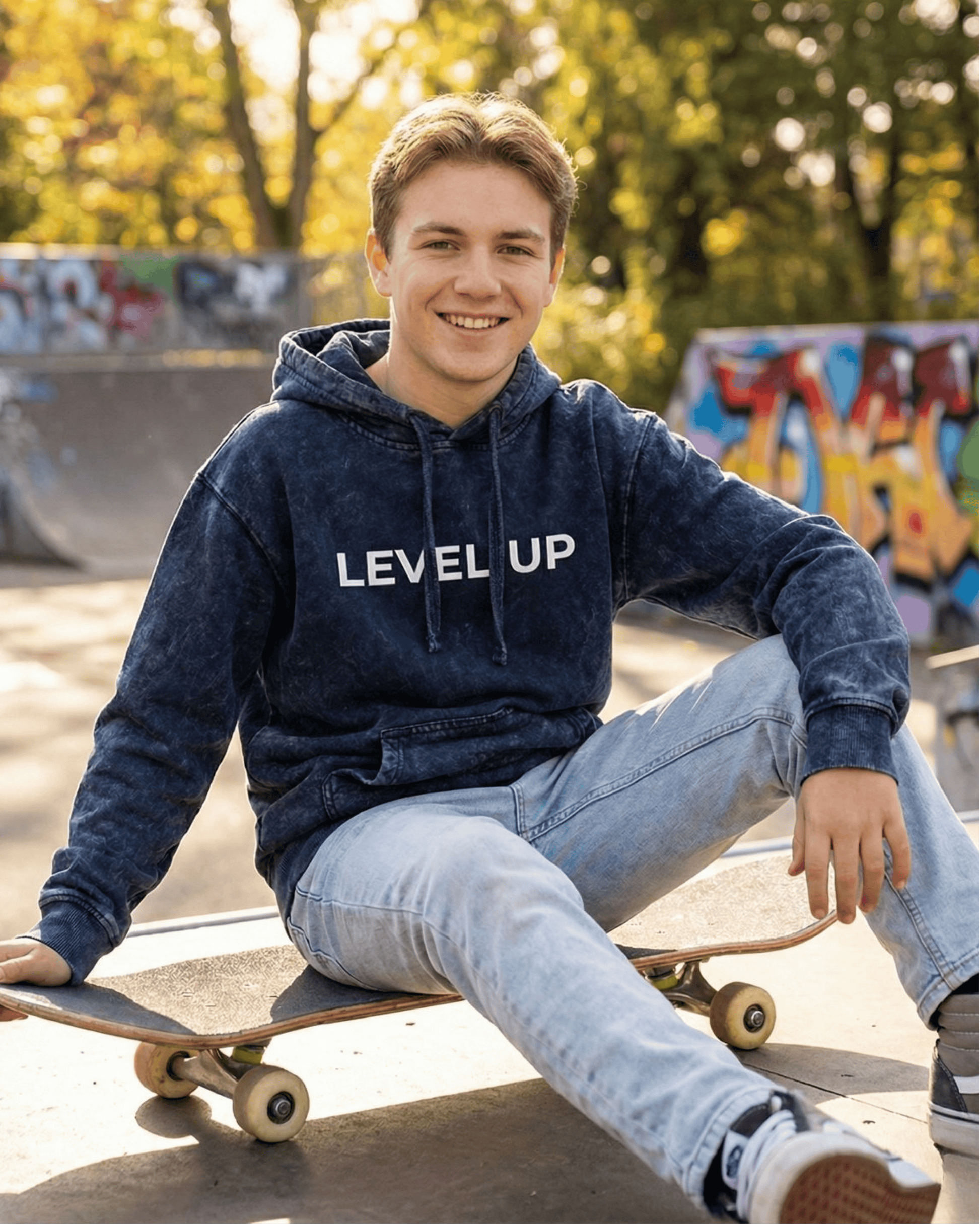 Level Up- Stone Washed Streetwear Hoodie hoodie acid washed cotton fabric heavyweight fabric detail view by HAViT Apparel