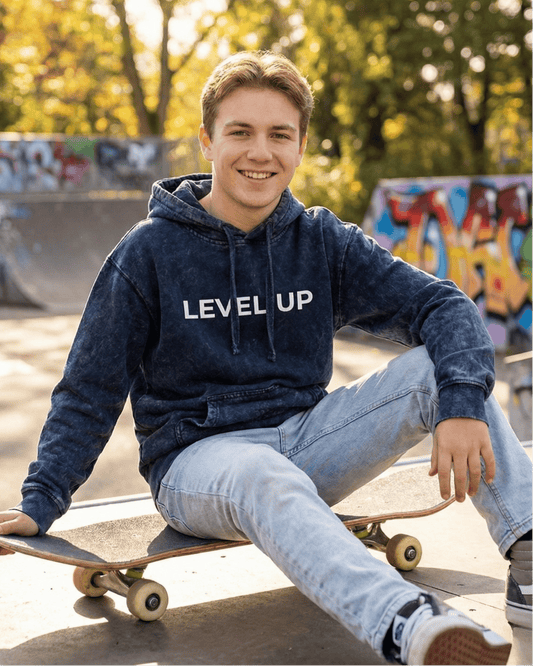 Level Up- Stone Washed Streetwear Hoodie hoodie acid washed cotton fabric heavyweight fabric detail view by HAViT Apparel