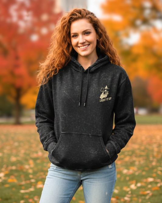 Light It Up- Acid Washed Hoodie hoodie oversized fit acid washed cotton fabric heavyweight fabric graphic print printed design detail view by HAViT Apparel