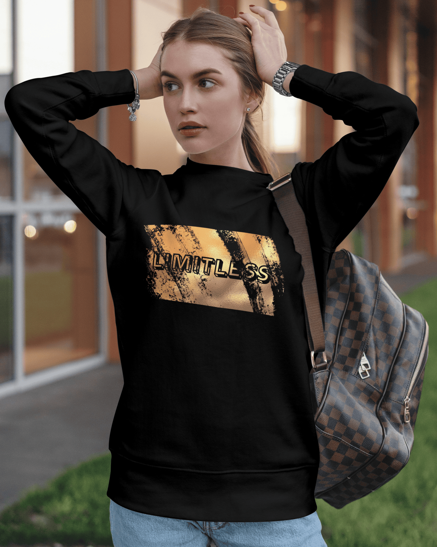 Limitless Graphic Women’s Sweatshirt – Brush Paint Edition sweatshirt regular fit cotton fabric heavyweight fabric printed design detail view by HAViT Apparel