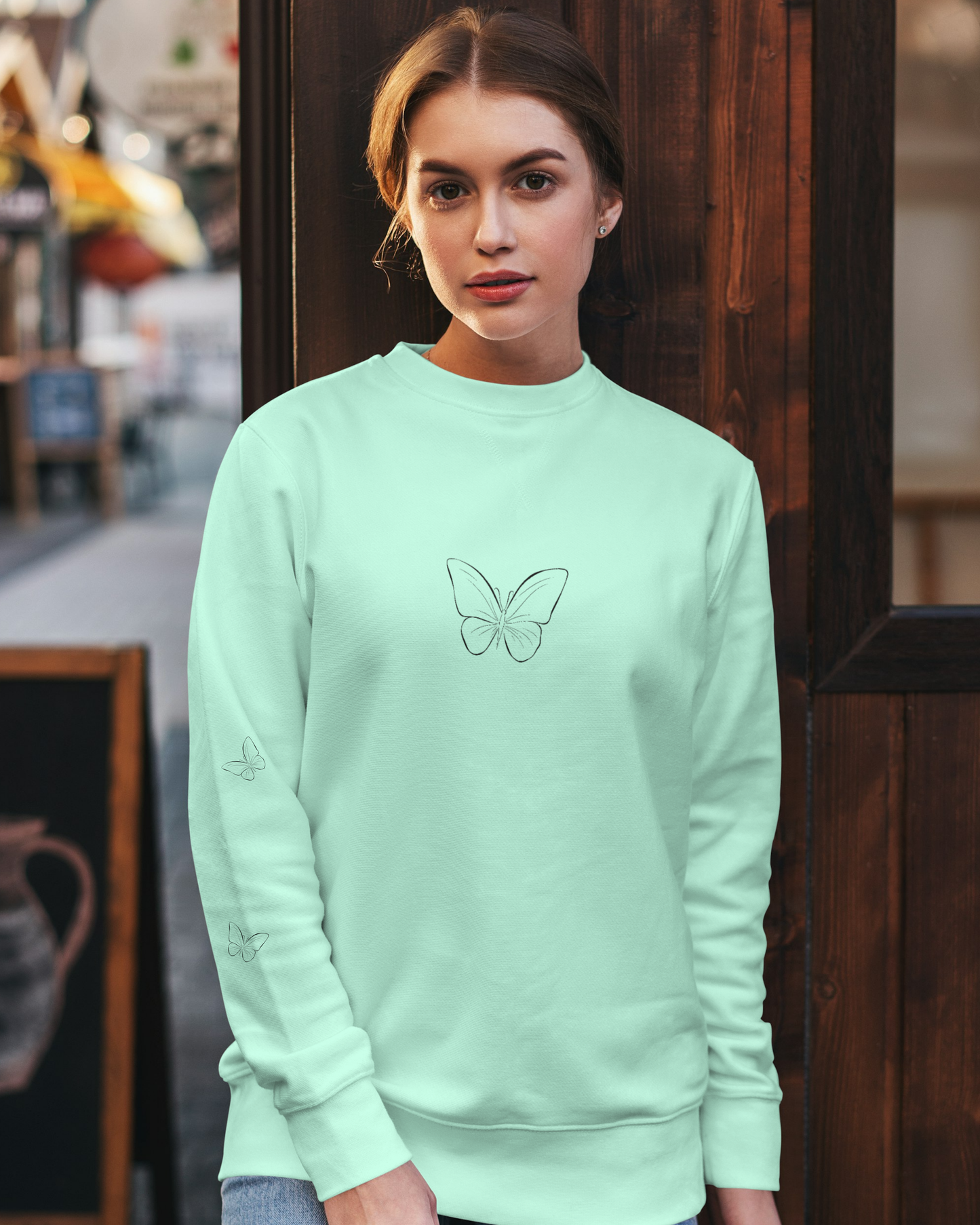 Aesthetic Butterfly Print Women’s Sweatshirt-Dark Edition sweatshirt regular fit cotton fabric heavyweight fabric graphic print printed design detail view by HAViT Apparel