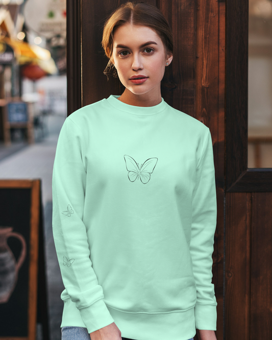 Aesthetic Butterfly Print Women’s Sweatshirt-Dark Edition sweatshirt regular fit cotton fabric heavyweight fabric graphic print printed design detail view by HAViT Apparel