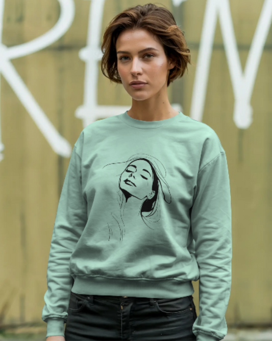 Women’s Regular Fit Sweatshirt with Elegant Outline Face Print-Dark Edition sweatshirt regular fit cotton fabric heavyweight fabric graphic print detail view by HAViT Apparel