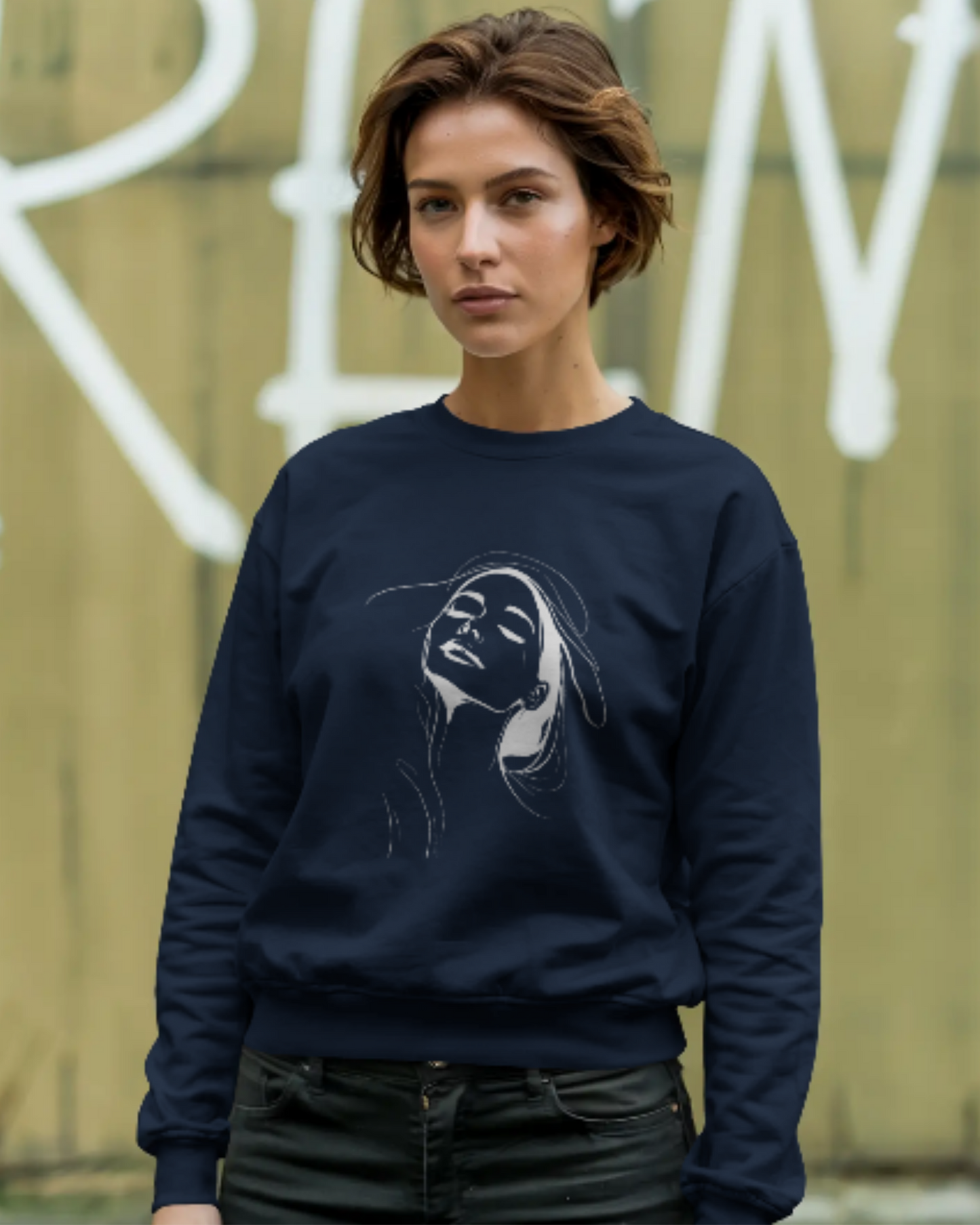 Women’s Regular Fit Sweatshirt with Elegant Outline Face Print sweatshirt regular fit cotton fabric heavyweight fabric graphic print detail view by HAViT Apparel