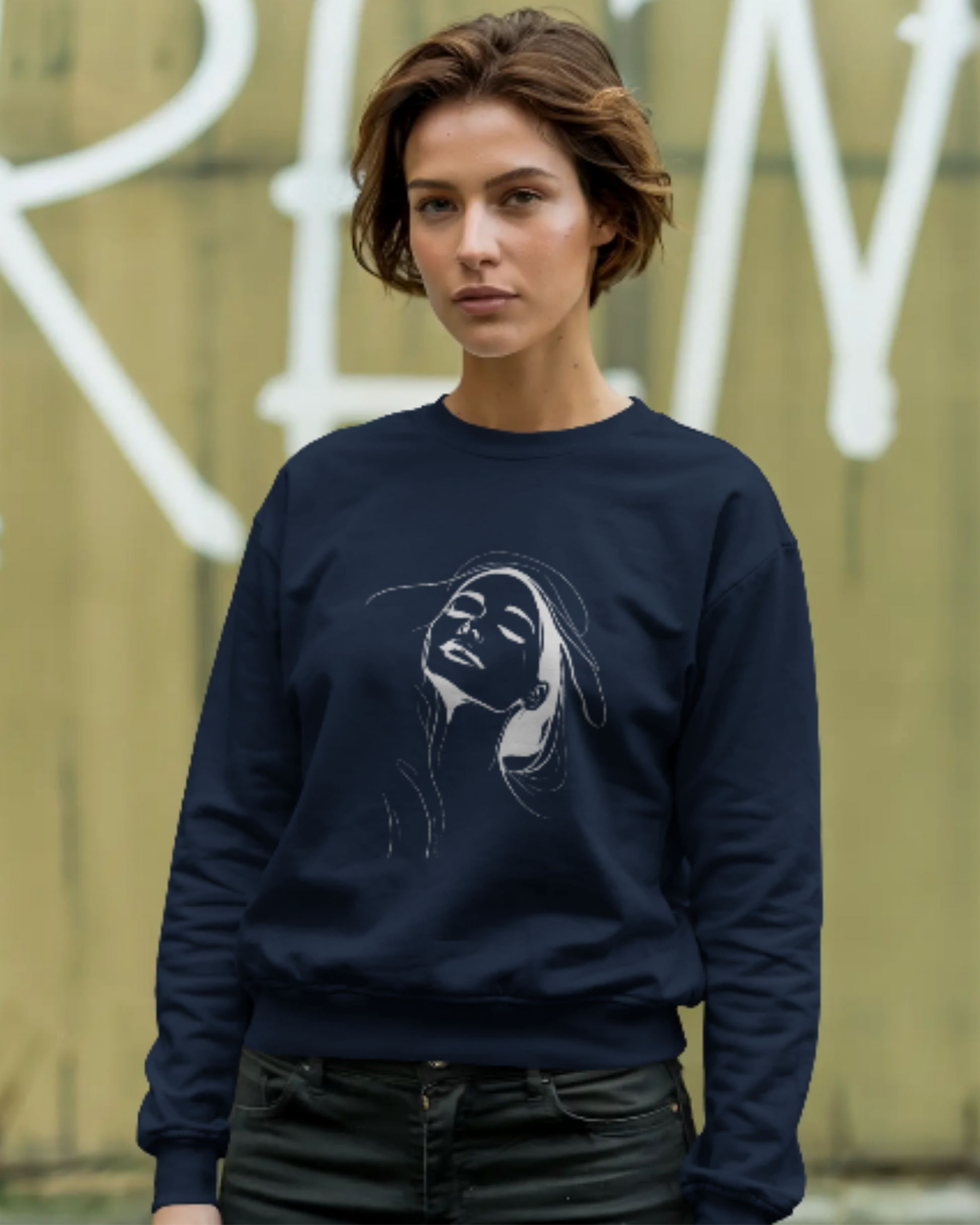 Women’s Regular Fit Sweatshirt with Elegant Outline Face Print sweatshirt regular fit cotton fabric heavyweight fabric graphic print detail view by HAViT Apparel