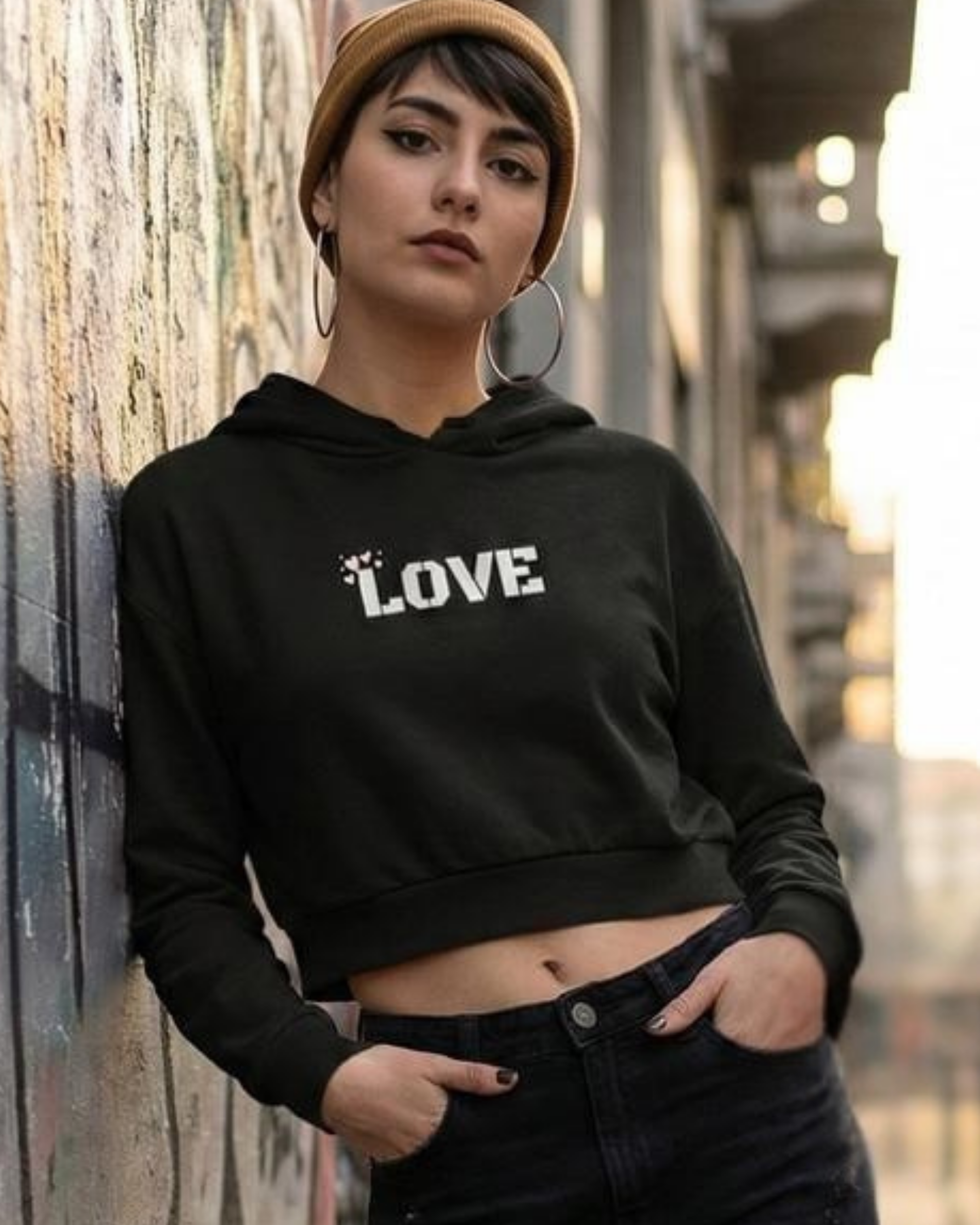 LOVE Edit – Women’s Cropped Hoodie hoodie cotton fabric heavyweight fabric printed design detail view by HAViT Apparel