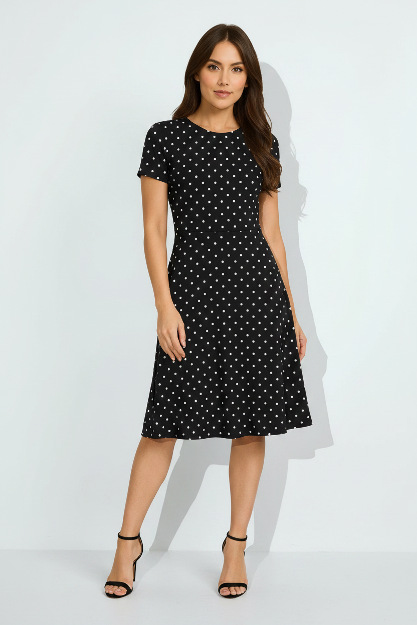 Women's Black A-Line Dress with White Polka Dots Full Body View – HAViT Apparel