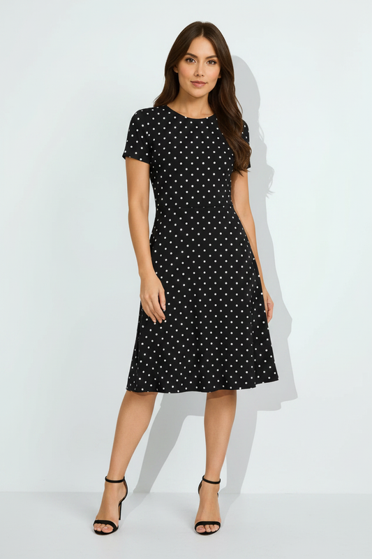 Women's Black A-Line Dress with White Polka Dots Full Body View – HAViT Apparel