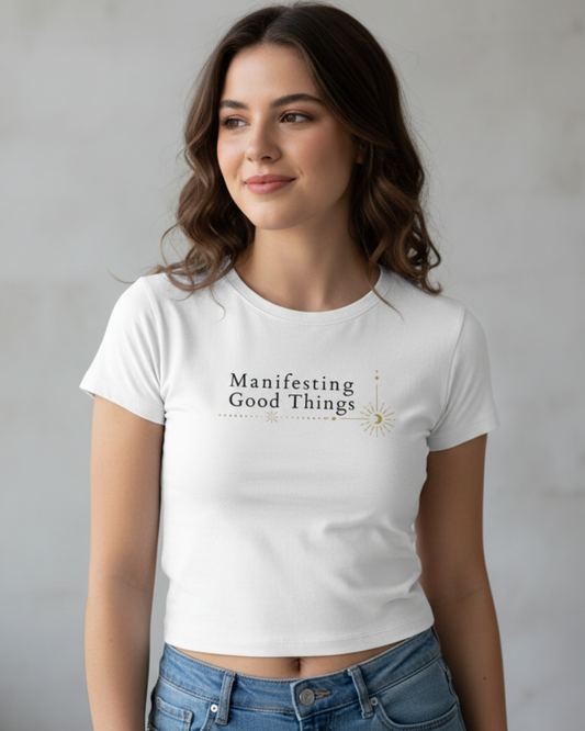 Manifesting Baby Tee cotton fabric heavyweight fabric detail view by HAViT Apparel