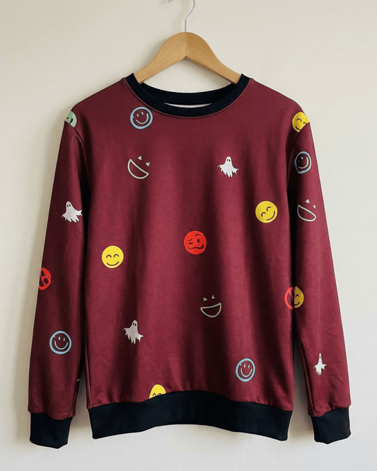 Playful Emoji Pattern Women's  Maroon Sweatshirt sweatshirt regular fit heavyweight fabric printed design detail view by HAViT Apparel
