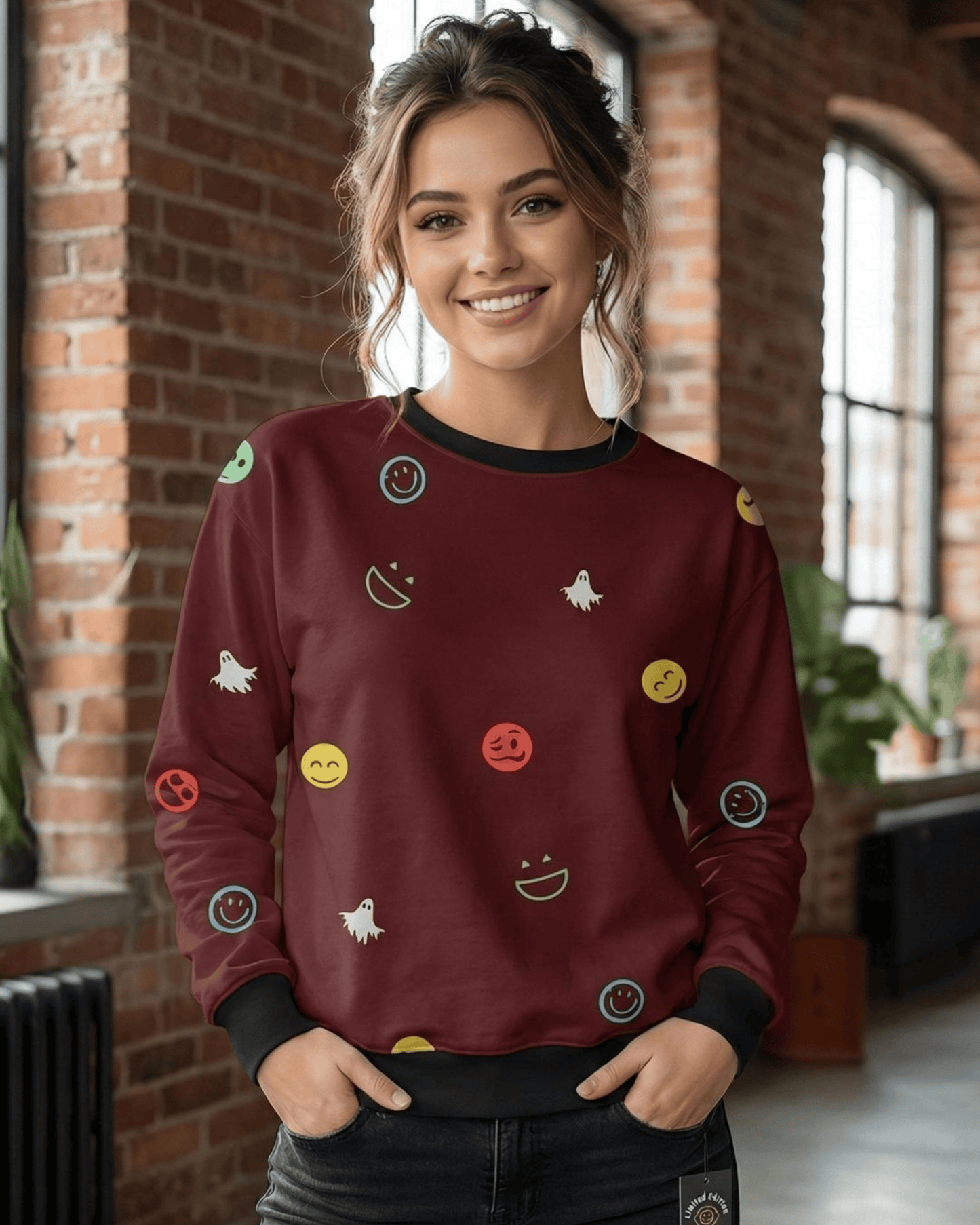 Playful Emoji Pattern Women's  Maroon Sweatshirt sweatshirt regular fit heavyweight fabric printed design detail view by HAViT Apparel