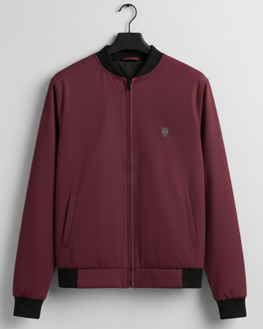 Crimson Burgundy Bomber Jacket – Premium Brushed Fleece jacket regular fit heavyweight fabric printed design detail view by HAViT Apparel