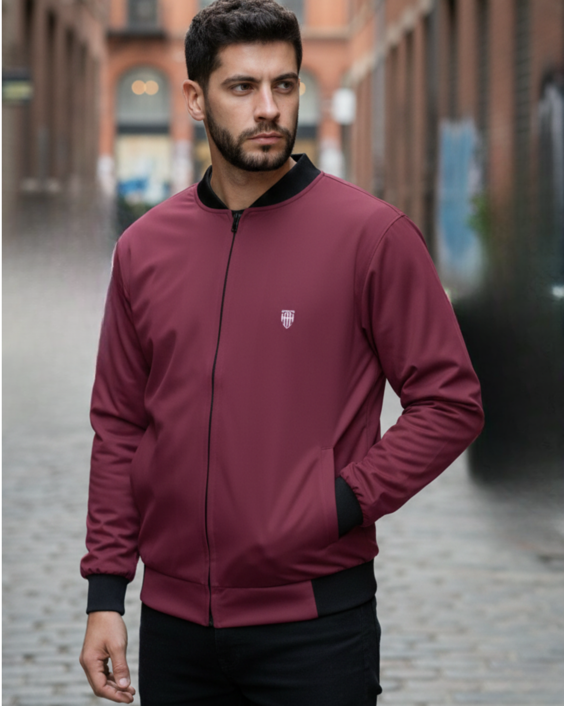 Crimson Burgundy Bomber Jacket – Premium Brushed Fleece jacket regular fit heavyweight fabric printed design detail view by HAViT Apparel