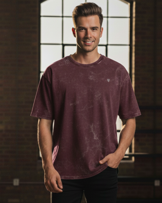 Maroon Acid Washed Oversized Tee t-shirt oversized fit acid washed cotton fabric heavyweight fabric detail view by HAViT Apparel
