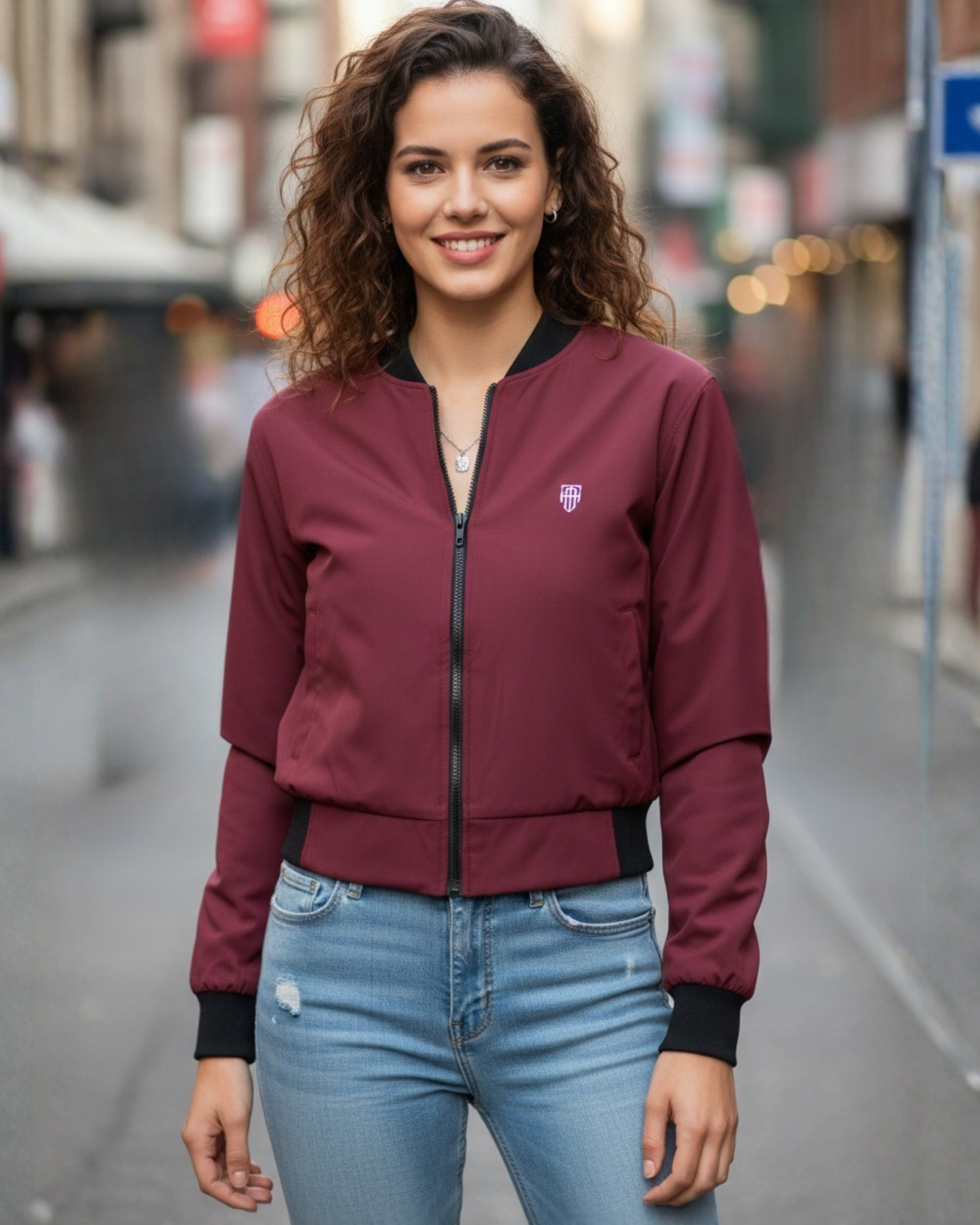 Crimson Burgundy Women’s Bomber Jacket jacket regular fit heavyweight fabric printed design detail view by HAViT Apparel