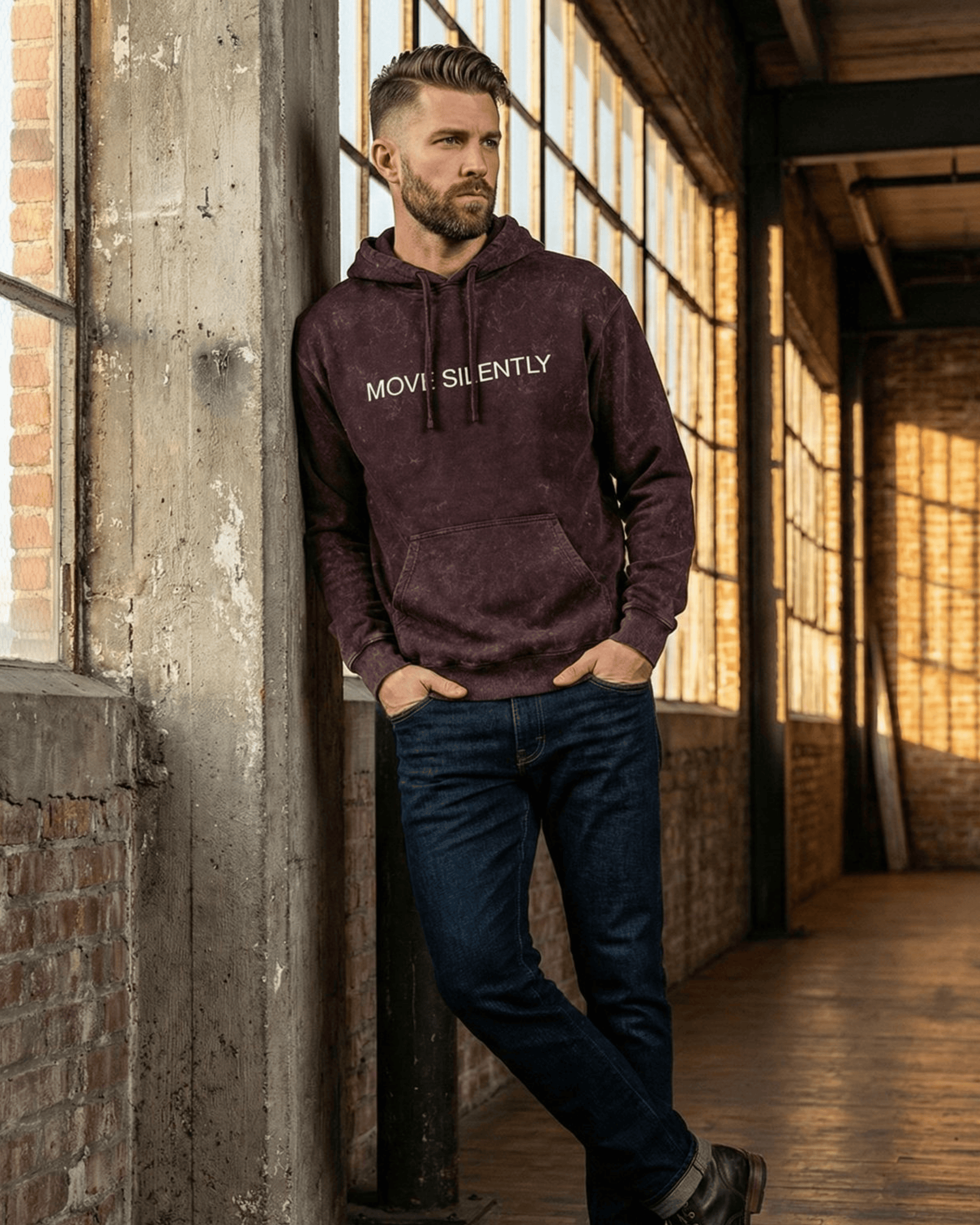 Move Silently- Men's Elite Acid Wash Heavyweight Hoodie hoodie acid washed cotton fabric heavyweight fabric detail view by HAViT Apparel
