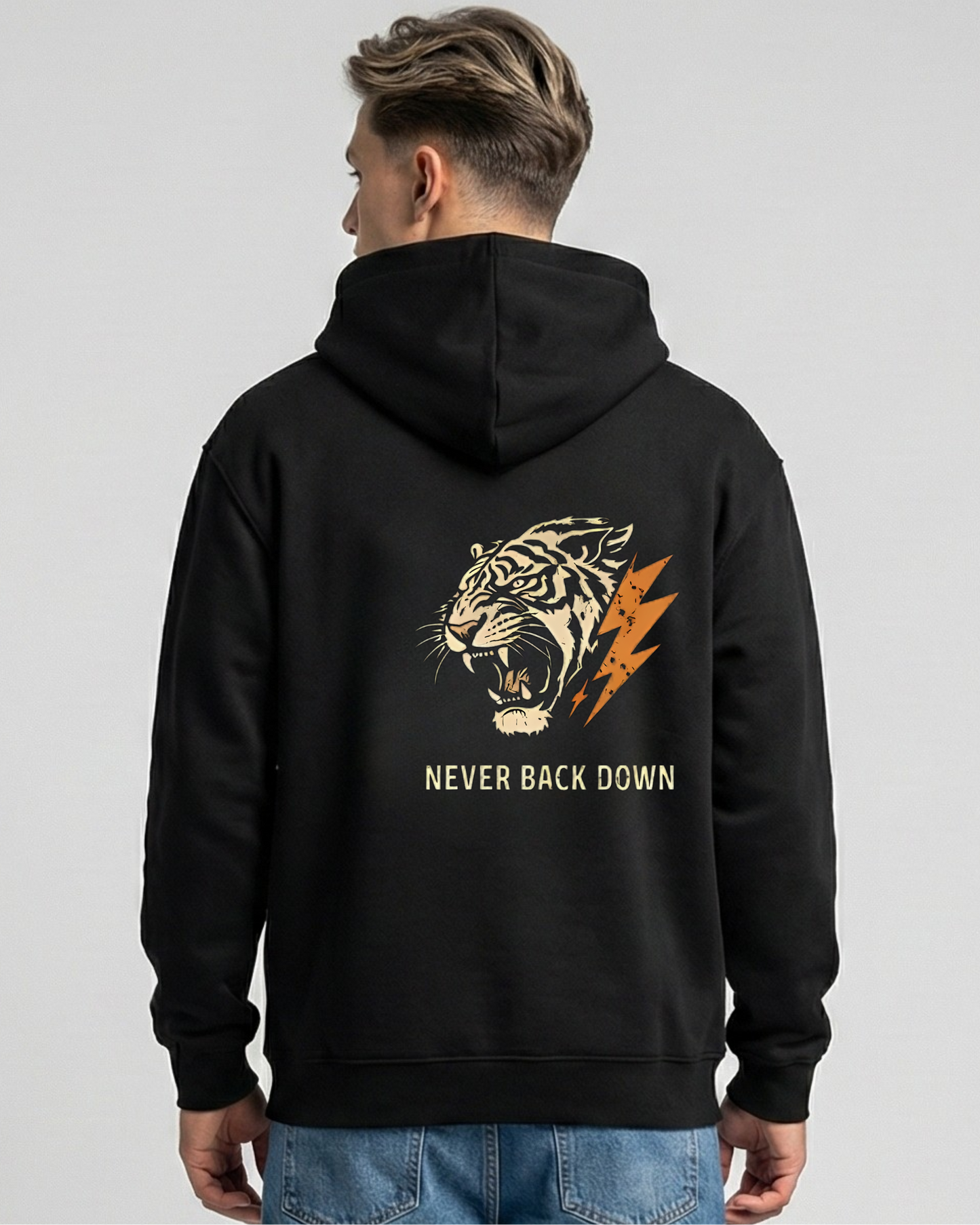 Never Back Down- Hoodie sweatshirt regular fit cotton fabric heavyweight fabric detail view by HAViT Apparel