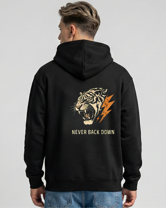 Never Back Down- Hoodie sweatshirt regular fit cotton fabric heavyweight fabric detail view by HAViT Apparel