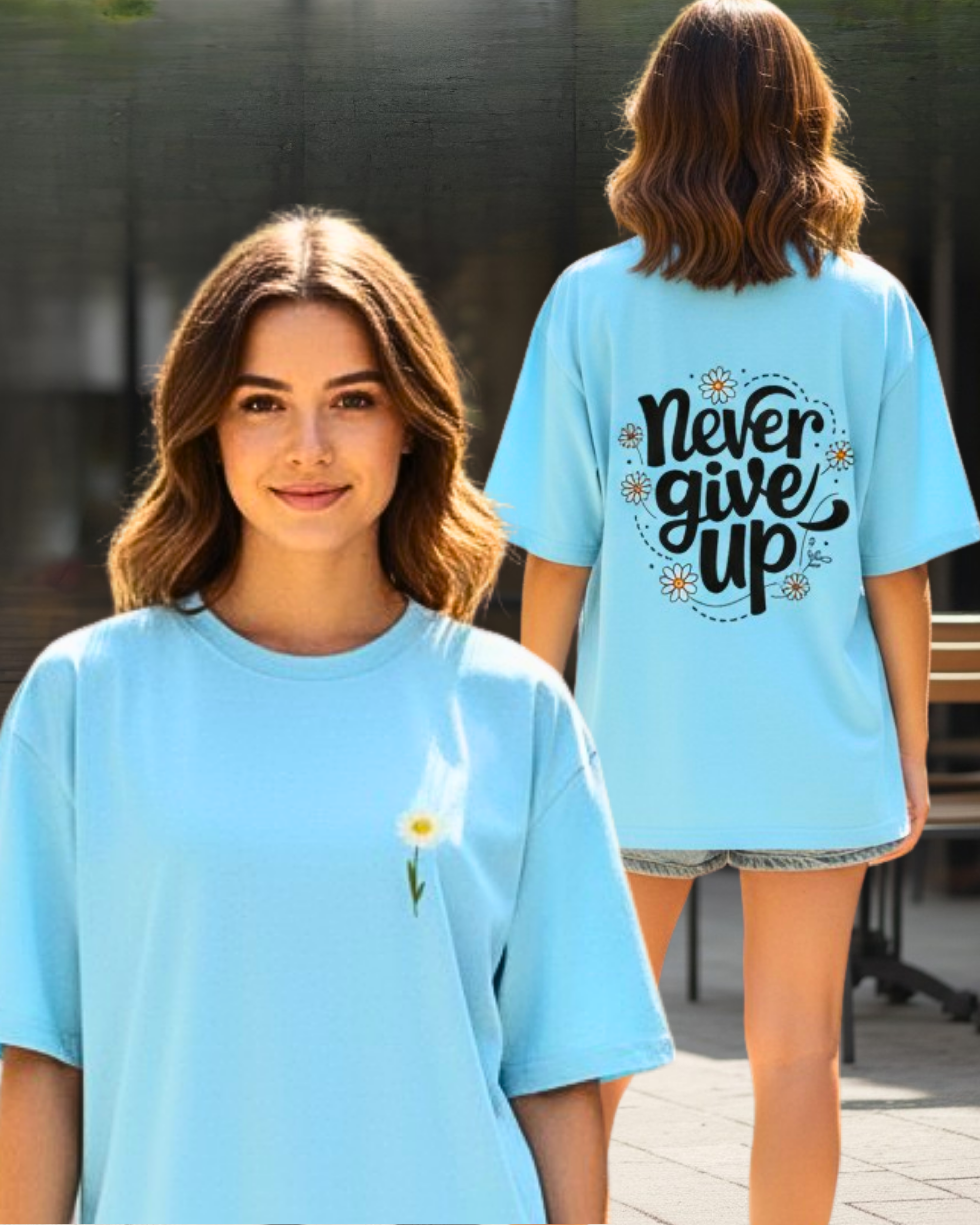 Never Quit Floral Statement Oversized Tee t-shirt oversized fit cotton fabric heavyweight fabric printed design detail view by HAViT Apparel